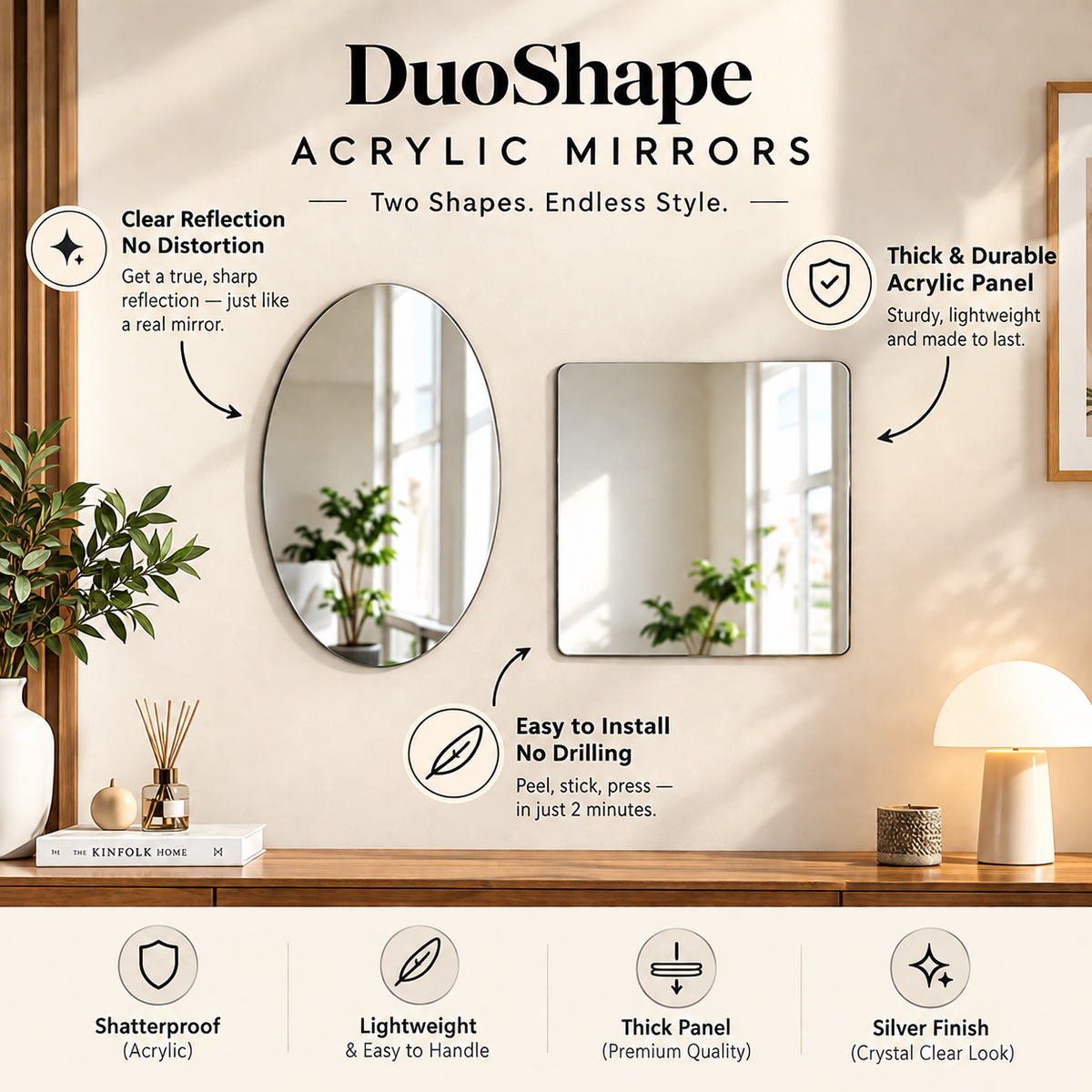 Combo of Oval Shape & Square Shape Mirror (Pack of 2)