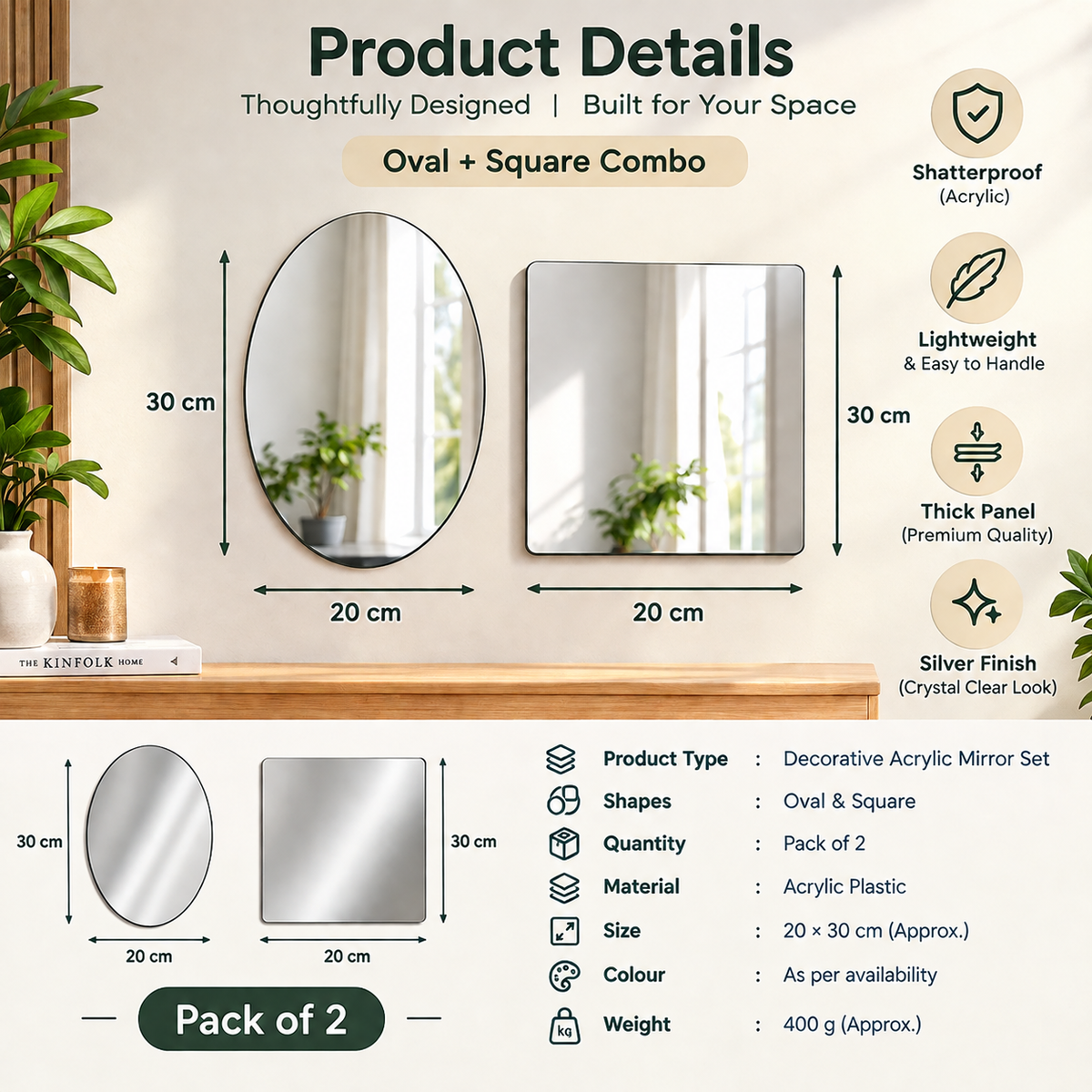Combo of Oval Shape & Square Shape Mirror (Pack of 2)