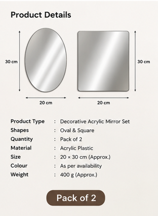 Combo of Oval Shape & Square Shape Mirror (Pack of 2)